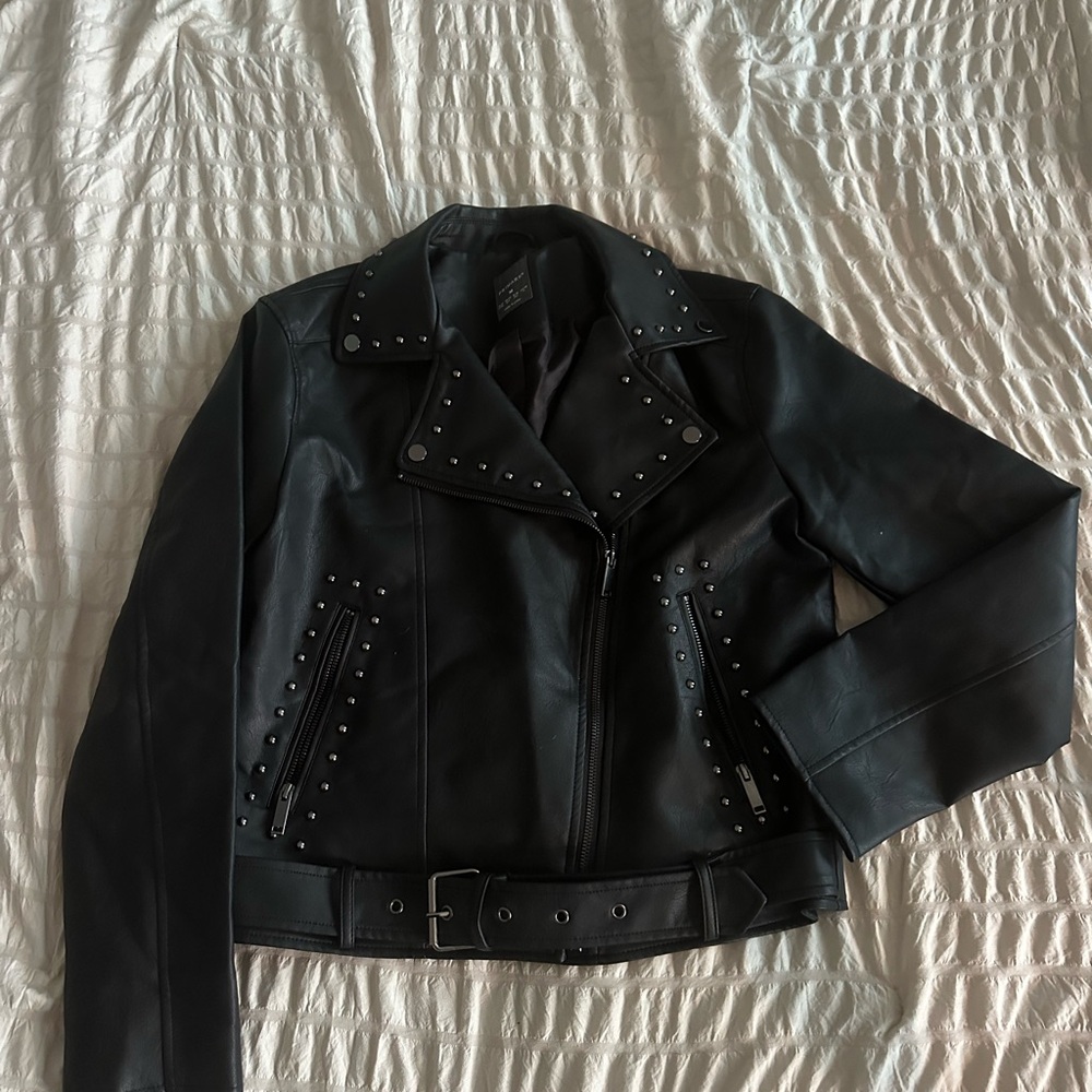 Black Studded + Belted Faux Leather Jacket